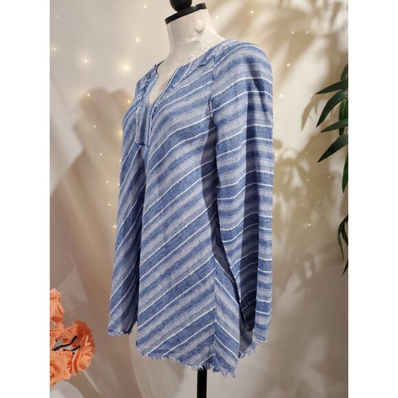 Nic + Zoe Freshwater Striped Linen Tunic Top Size L Blue Boho Raw Fringe Hem - Picture 2 of 11